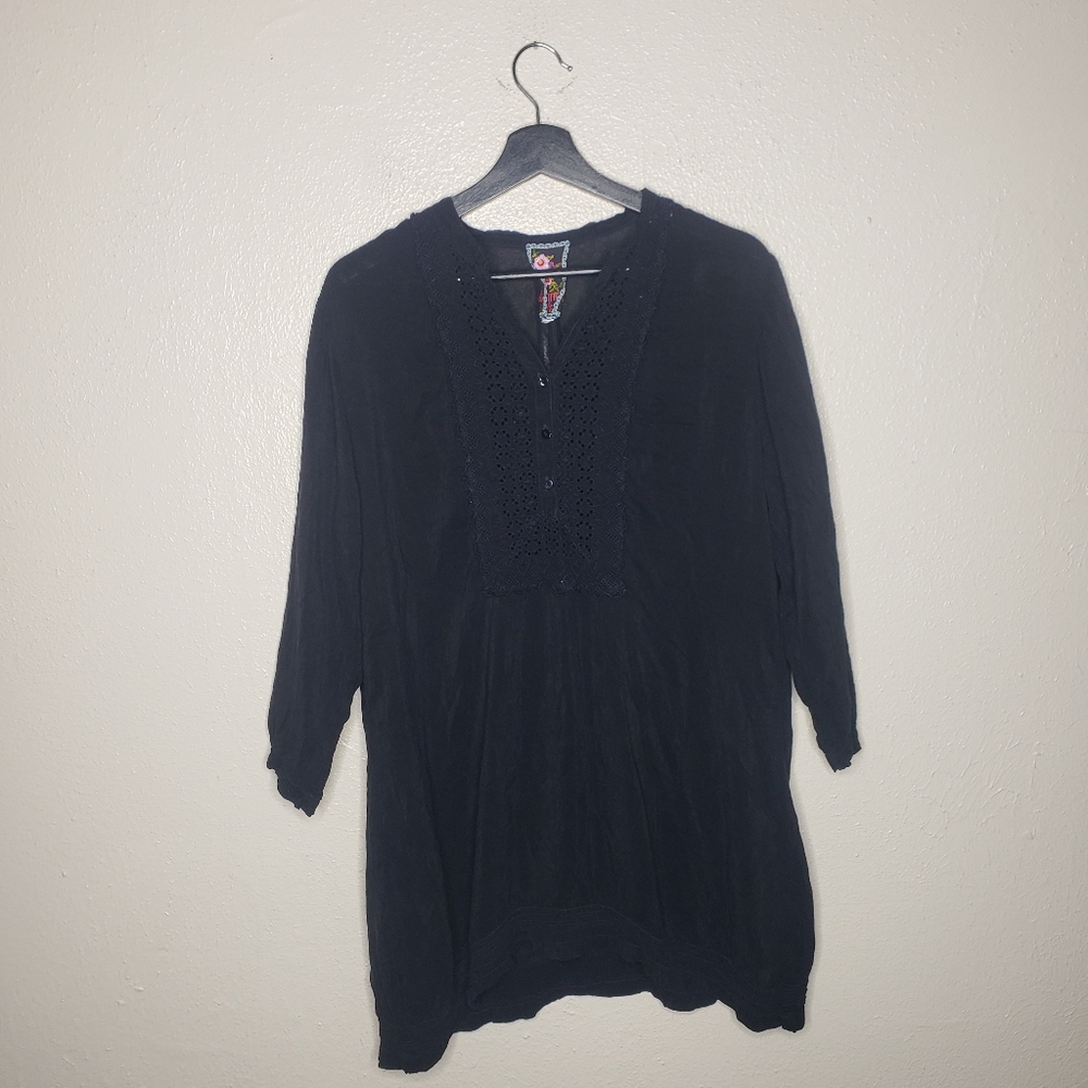 Johnny Was Silk Embroidered Button Up Black Tunic Top